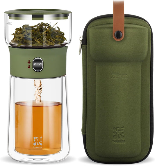 ZENS Modern Glass Infuser Teapot, Smart One Touch Tea Maker for Loose Tea Diffusers with Insulated Mug and Portable Case,