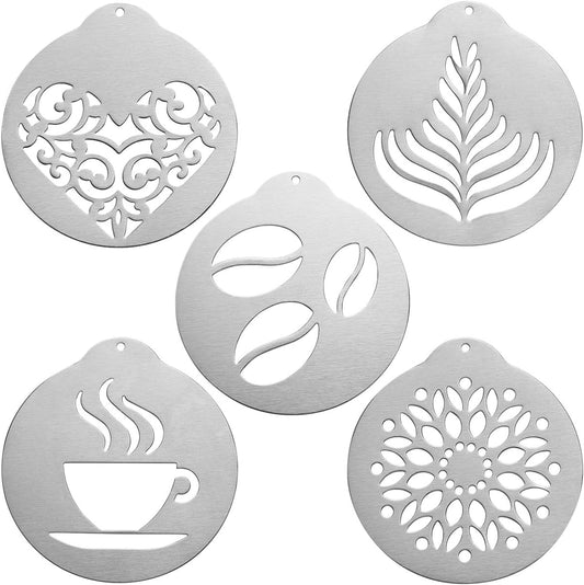 5Pcs Stainless Decorating Stencils, Metal Foam Latte Art Templates, Reusable Cappuccino Chocolate Templates Coffee Garland