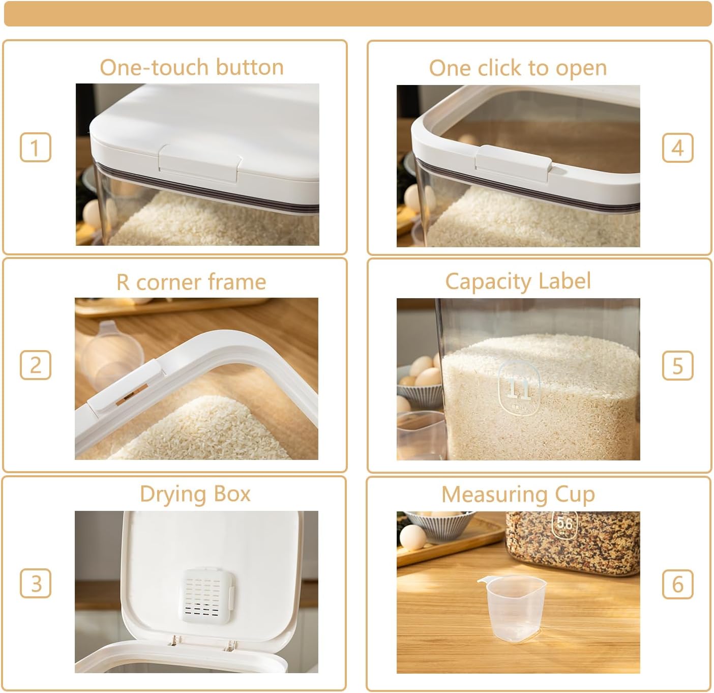 Rice Dispenser 10Lbs - Airtight with Measuring Cup, PET Material
