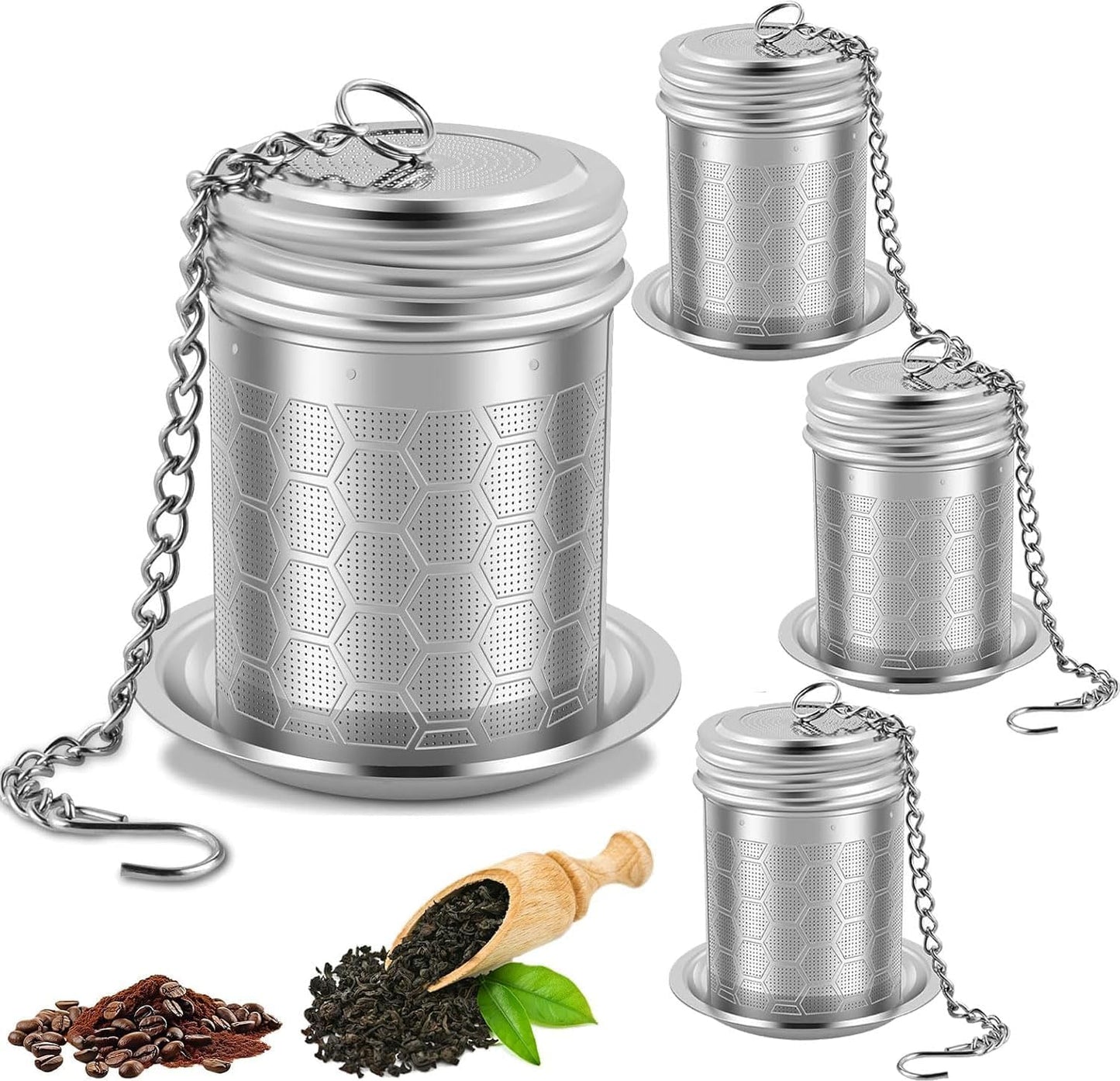 4 Pack Tea Infuser for Loose Leaf Tea, Extra Fine Mesh 304 Stainless Steel Tea Strainers with Drip Tray and Chain Hook, Reusable Tea Ball Steeper for Mug Teapot, Spice Diffuser