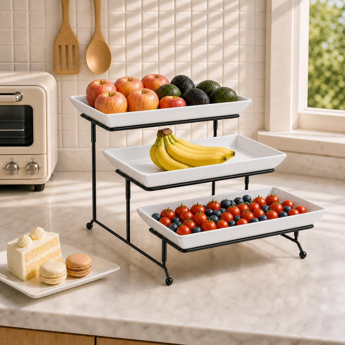 MALACASA 3 Tier Serving Trays, White Porcelain Serving Platters, 14 Inch | Tiered Cupcake Stand for Party, Fruit Tray, Trays for Serving Food, Dessert Stand with Collapsible Sturdier Metal Rack