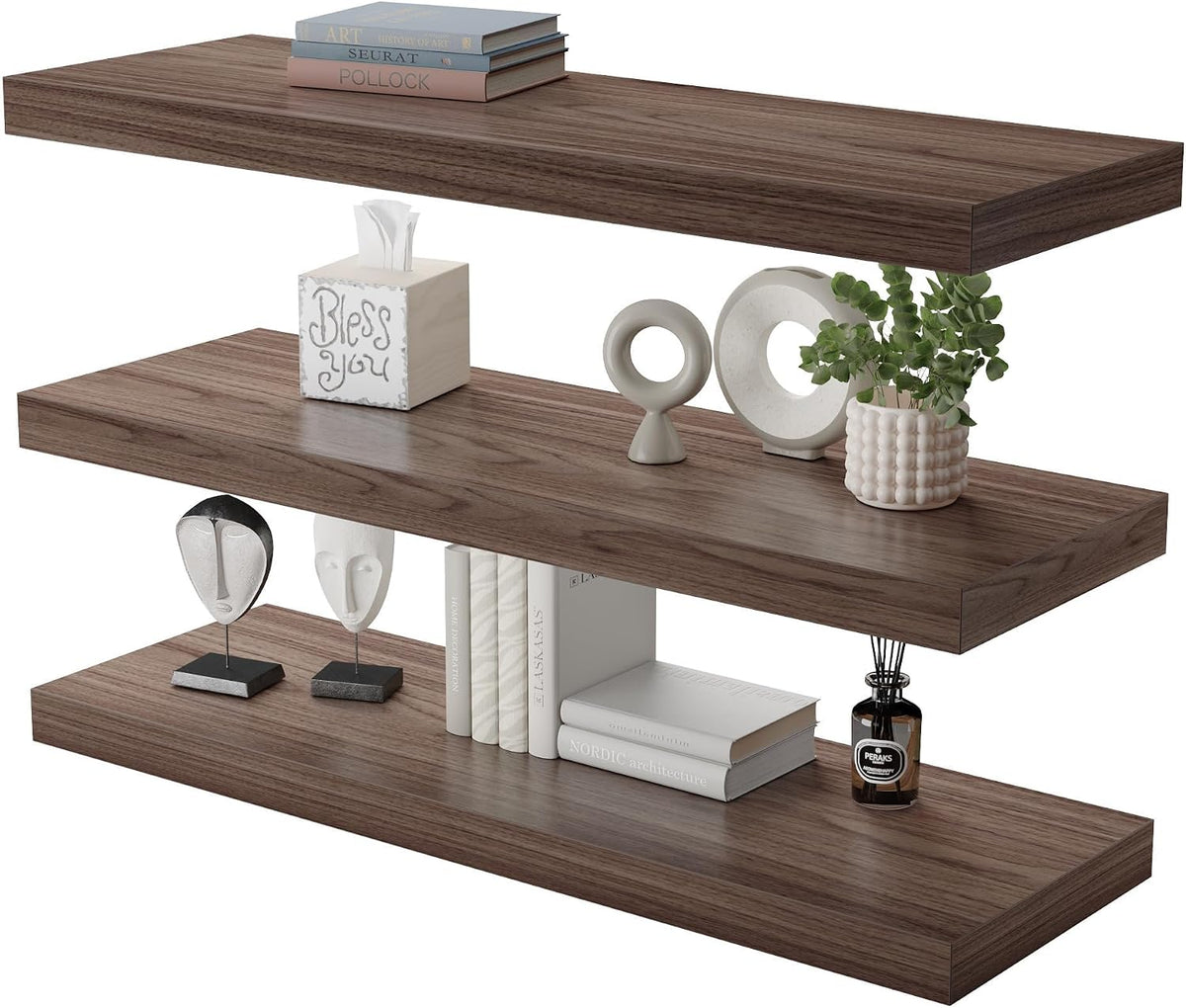 Floating Shelf, Set of 3 Wall Shelf, 24 in W x 10 in D x 1 in H Wooden Floating Wall Shelf with Invisible Brackets for Living Room/Bedroom/Bathroom/Kitchen Storage and Decor, Walnut