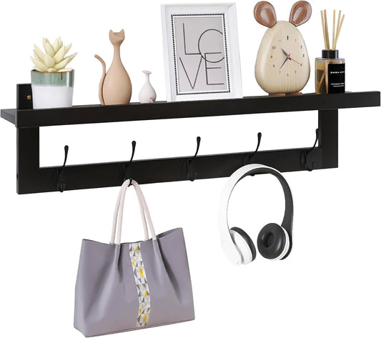 SMIBUY Coat Hooks with Shelf Wall-Mounted, 29.2 Inch Entryway Coat Rack for Wall, Bamboo Hanging Shelf with 5 Double Metal