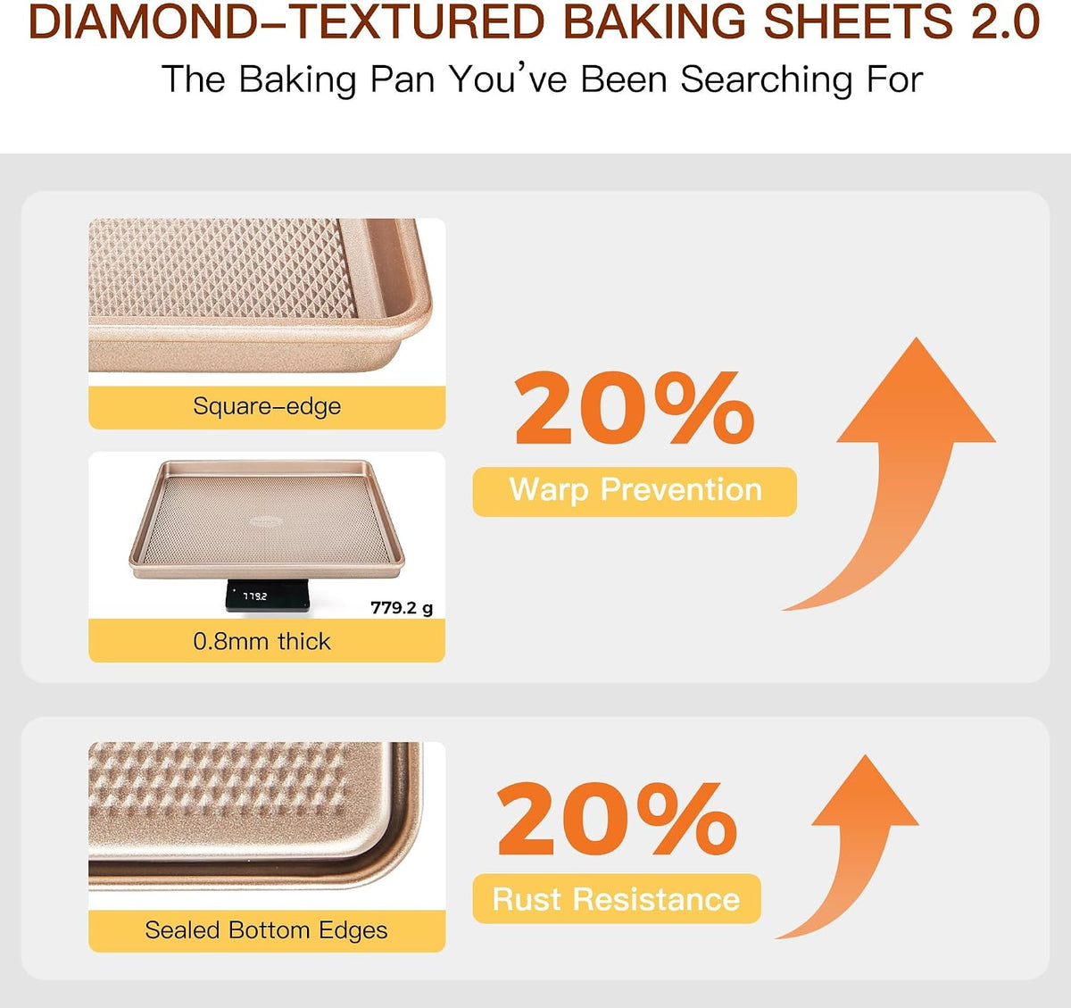 3 Pack Gold Nonstick Baking Sheet Pan Set with Oven Mitts Heat Resistant, Non-Toxic Half/Quarter/Jelly Roll Pans with Diamond Texture Pattern, Heavy Duty 0.8mm Thick Cookie Trays for Cooking