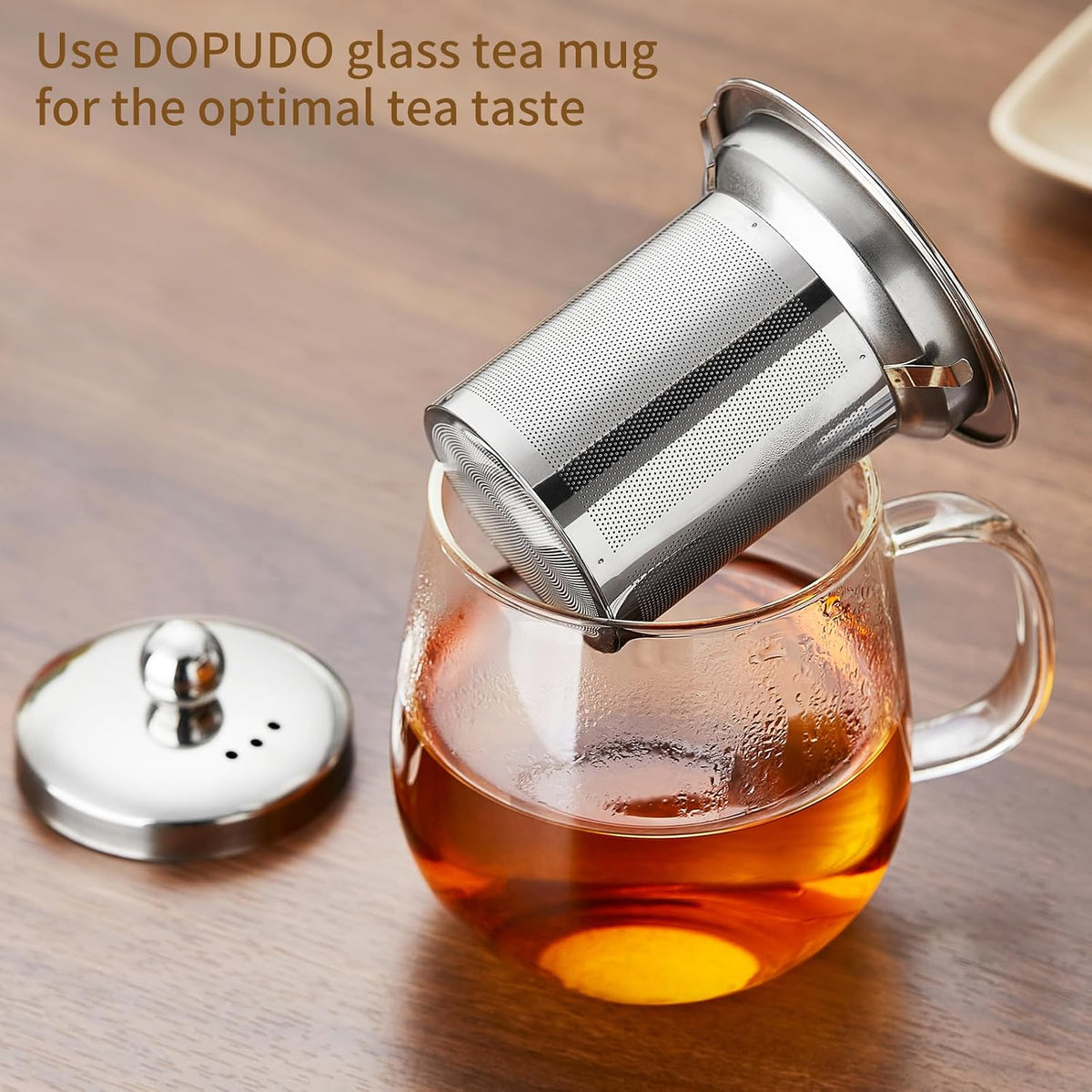 DOPUDO Glass Tea Cup with Infuser and Lid, 17.6oz/520ml Large Borosilicate Glass Teacup with Stailess Steel Filter, Clear Mug for Loose Leaf Blooming Tea, Dishwasher Safe - Tea Maker Gift.