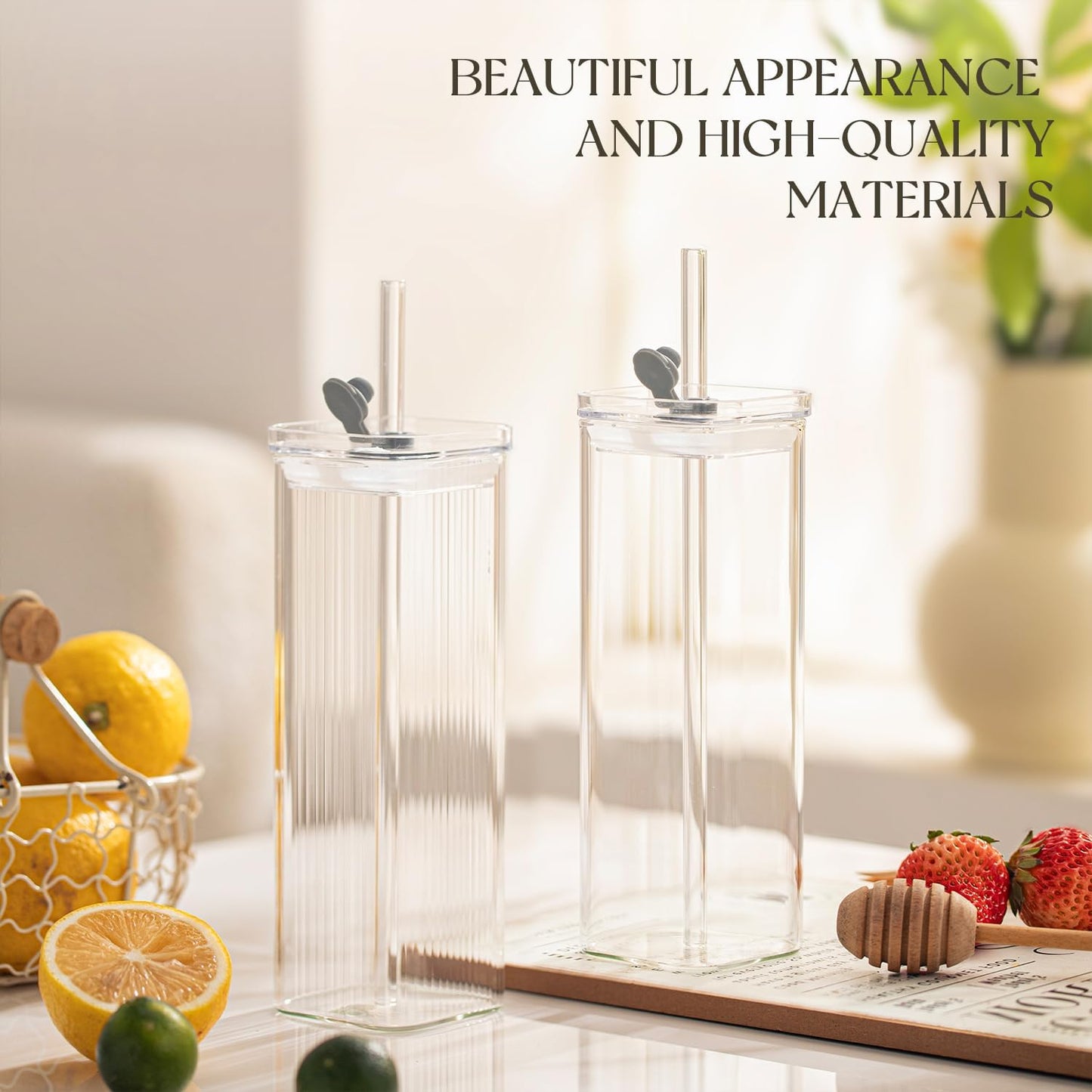 KEMORELA 6 Sets Square Drinking Glass Cups, Old Fashioned Glasses, 17 Oz Square Glasses, Clear Highball Modern Glassware Tumbler Mixed Drinkware with Straws for Cocktail Coffee Juice(Square-6PCS)