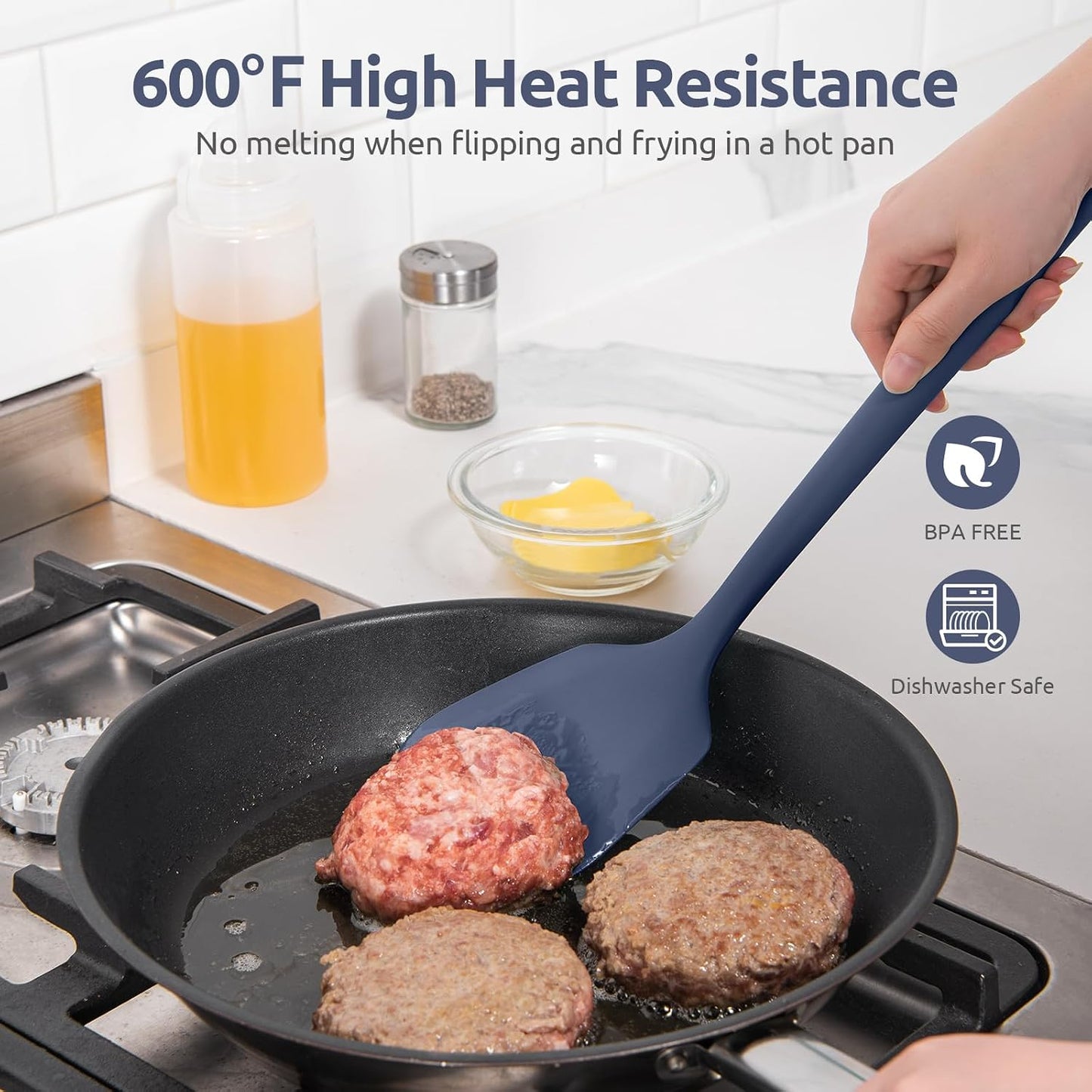 U-Taste Silicone Turner Spatula Set of 2, 13.6"Long/3.7"Wide, Midnight Blue | 600ºF Heat Resistant Food Grade Silicone Cooking Utensils Set, Wide Large Solid &amp; Slotted Turner Pancake Egg Flipper