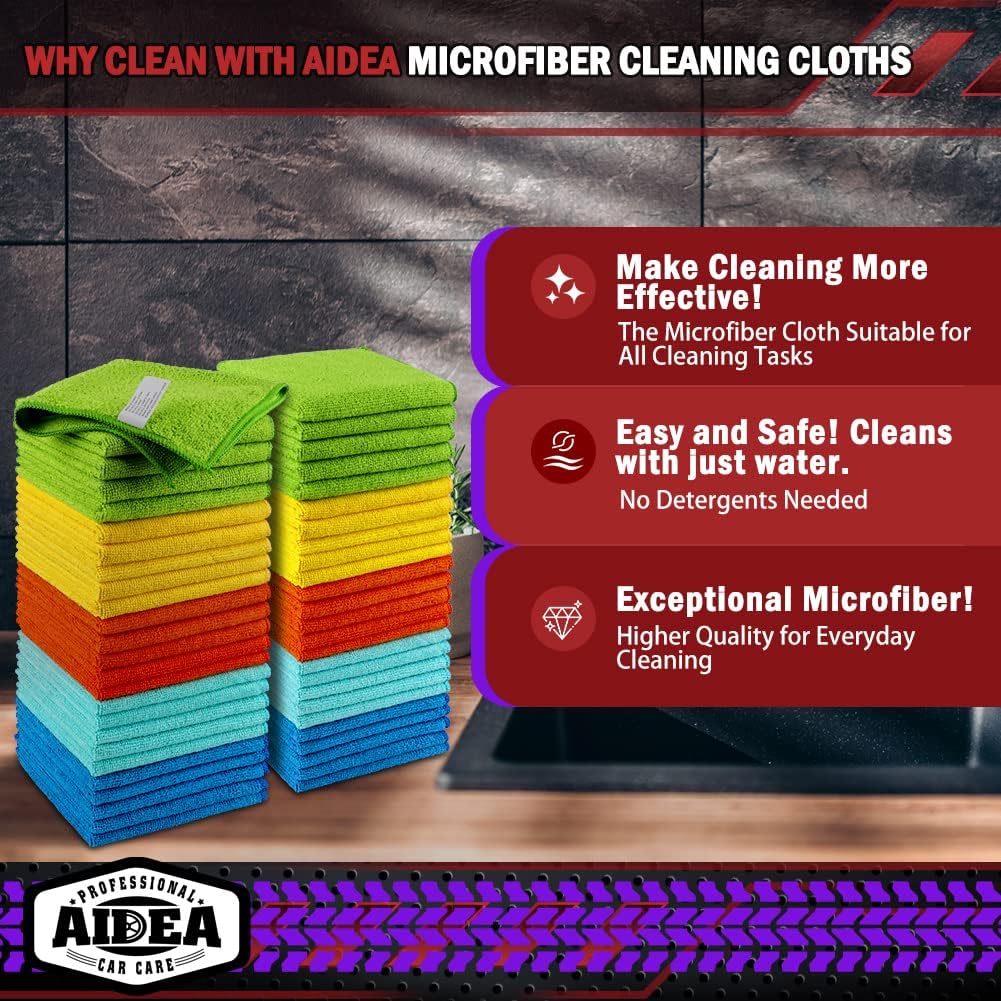 AIDEA Microfiber Cleaning Cloth-50PK, Microfiber Towels for Cars, 12×12"