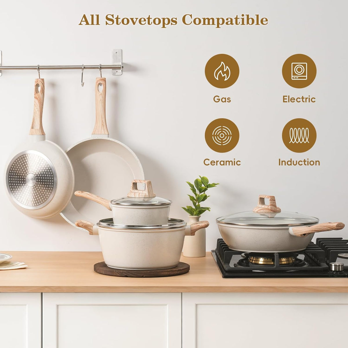 17 Pcs Pots and Pans Set Non stick，Cookware Sets White Granite Induction Cookware, Non-toxic Healthy Non Stick Kitchen Cooking Set with Frying Pans Set, Saucepans (PFAS, PFOA, PFOS Free) White