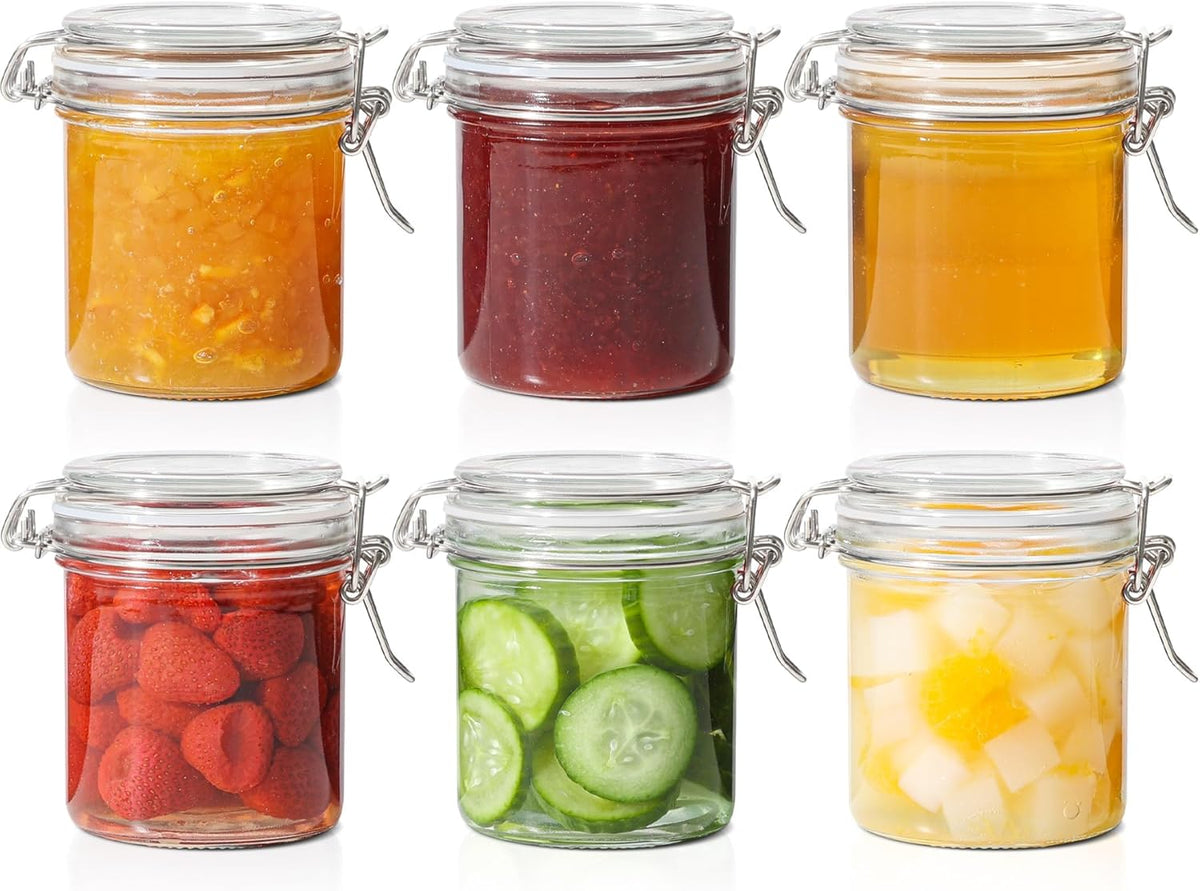 ComSaf 8oz Small Airtight Glass Jars Set of 6 with Lid Food Storage Jar Round, Mini Storage Container with Clear Preserving Seal Wire Clip Fastening for Kitchen Canning, Jam, Spice, Honey, Mason Jars