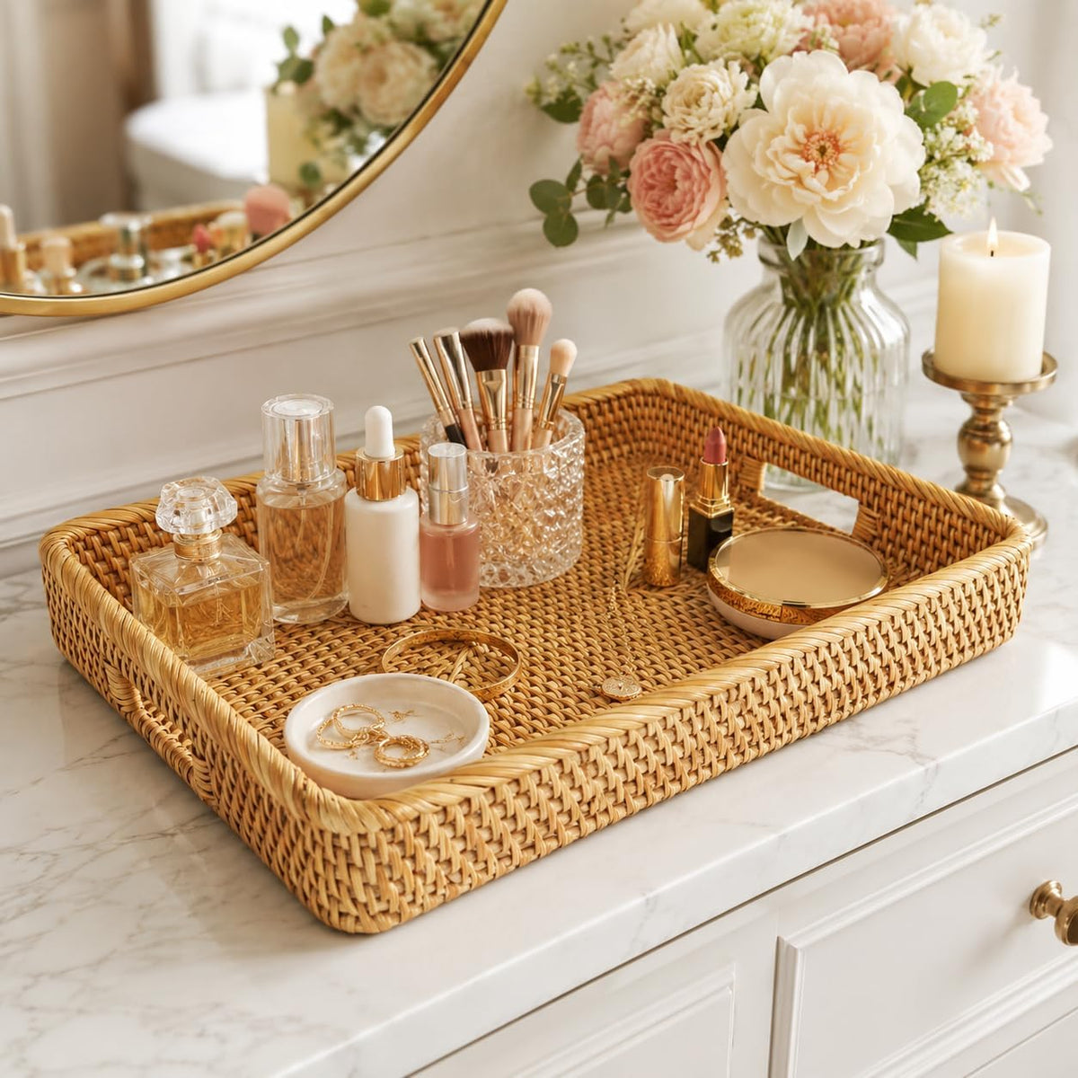 i-lan 17-Inch Large Rectangular Rattan Serving Tray with Handles | Handwoven natural wicker tray for breakfast, drinks, fruit, coffee tables and ottomans. Size: 17 x 13 x 2.4 inches.