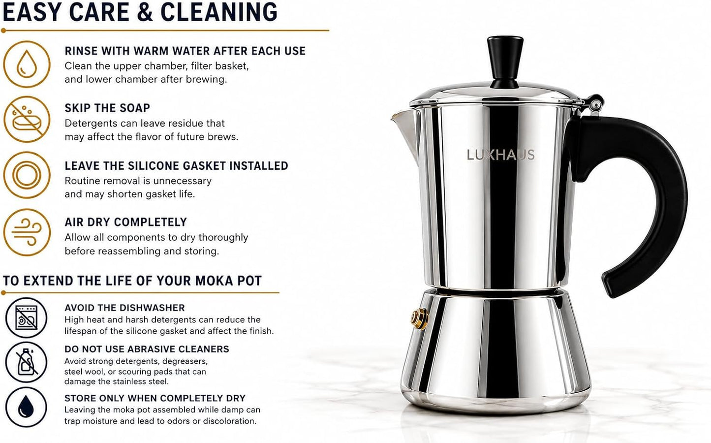 LuxHaus 6 Cup Moka Pot (2oz each cup - 12oz total) Stovetop Espresso Maker - Stainless Steel Italian and Cuban Mocha Coffee Maker