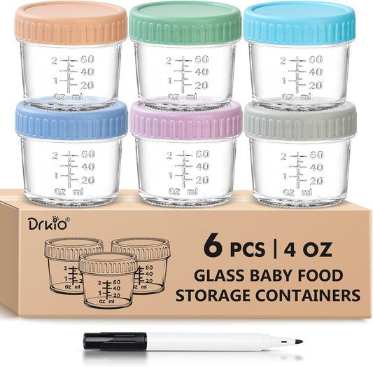DRKIO 6 Pack Glass Baby Food Storage Containers - 4 Oz Baby Food Jars with Lids Baby Food Maker Microwave Dishwasher Freezer
