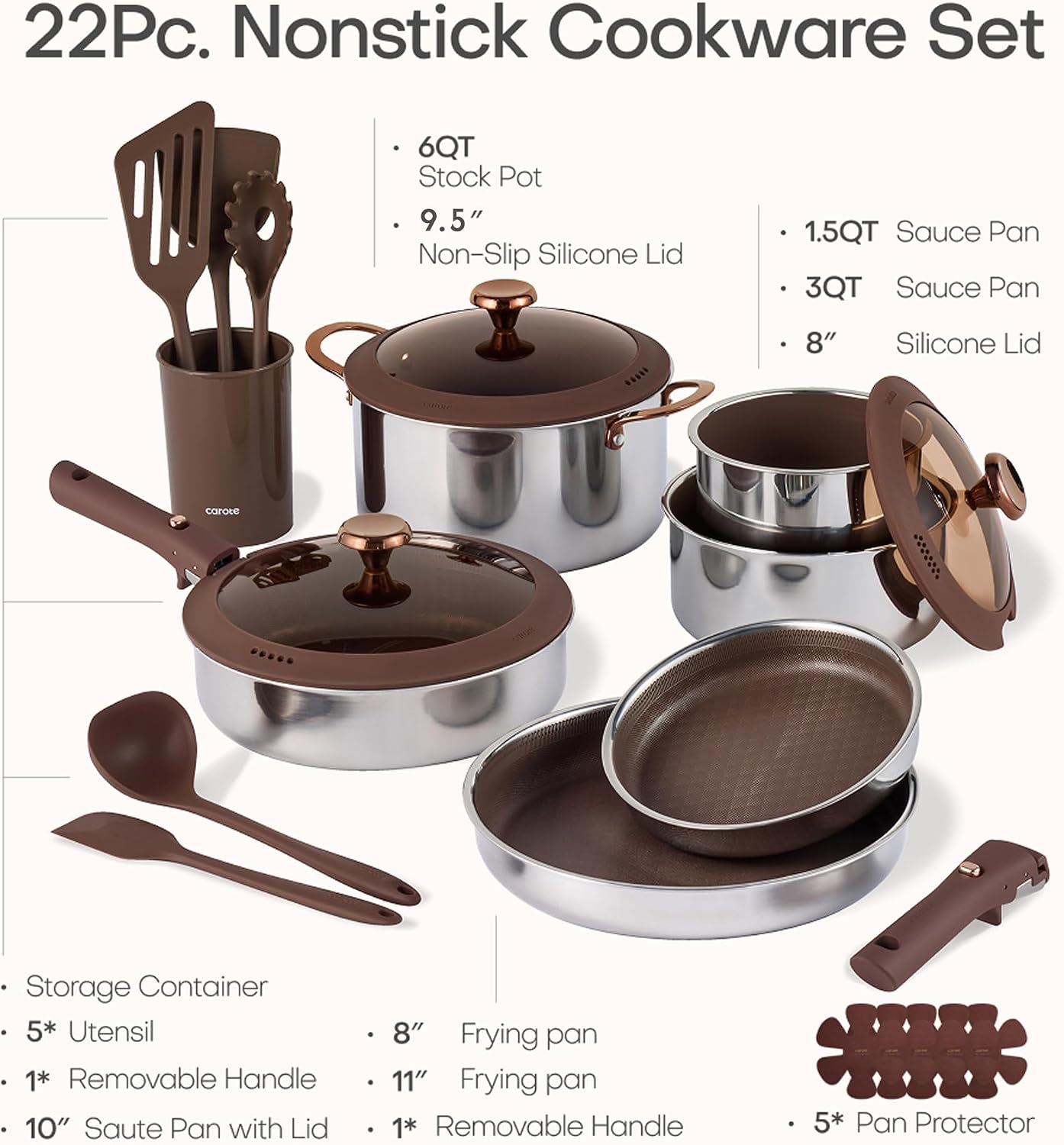 CAROTE 22pcs Hybrid Nonstick Pots and Pans Set, Stainless Steel Cookware Set with Honeycomb Titanium Interior, Induction