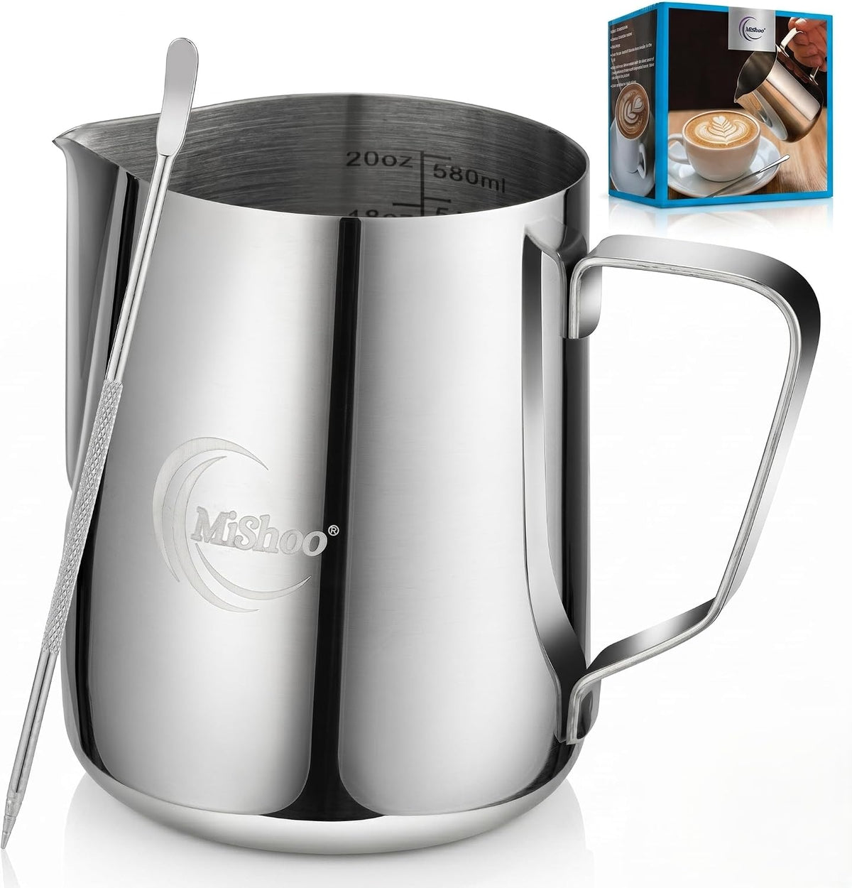 MiShoo™ Milk Frothing Pitcher 20oz – 304 Stainless Steel Milk Frother Cup for Espresso, Latte &amp; Cappuccino – Mixing Pitcher with Spouse Rustproof, Precise Pour Spout, Easy-Clean Espresso Accessories