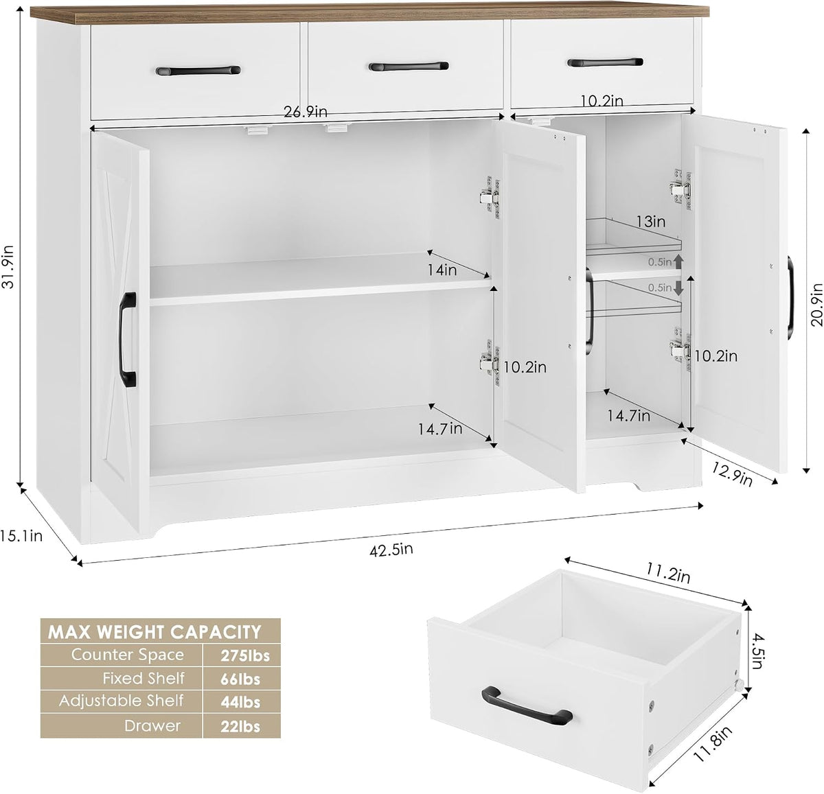 HOSTACK Kitchen Buffet Cabinet with Storage, Sideboard Coffee Bar, White | Farmhouse Kitchen Storage Cabinet with 3 Drawers &amp; Adjustable Shelf, 42.5"W Buffet Table for Dining Living Room