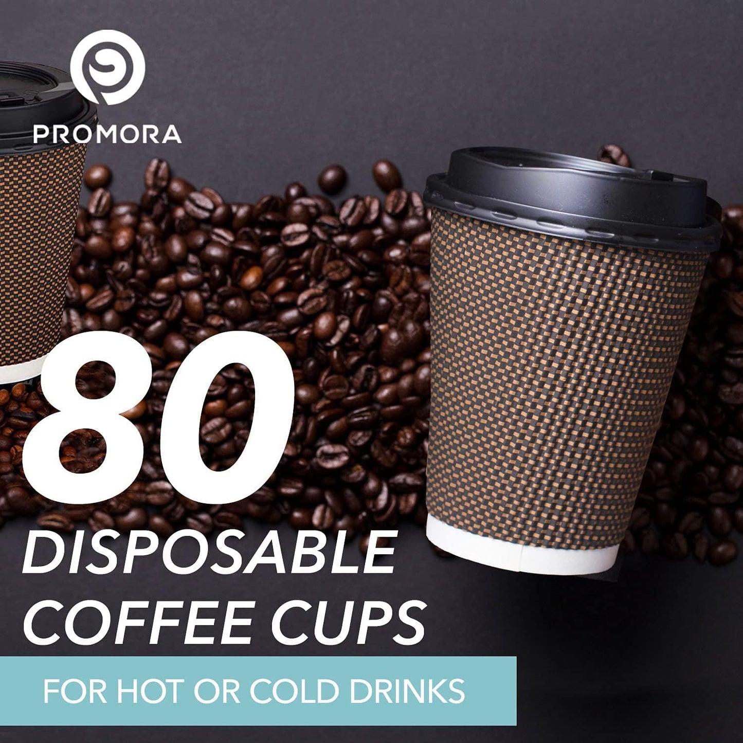 Promora Brown Disposable Coffee Cups With Lids 12 oz, Premium Insulated Paper Ripple Cups for Hot Coffee, Paper Coffee Cup with Lids (80 Pack)