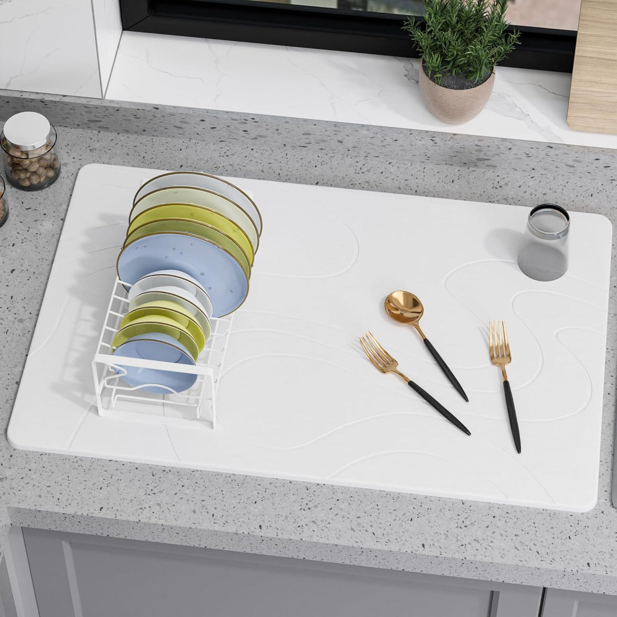 Large Stone Drying Mat for Kitchen Counter, 24" × 16" Diatomite Dish Drying Mat, Quick Dry Stone Mats, Ultra Absorbent Natural Diatomaceous Earth Mats for Dished, Bottles, White