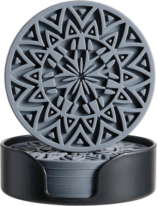 Set of 6 Dark Gray Silicone Coasters with Holder, Drink Coasters with Tribal Pattern Shape- for Table Protection, Anti Slip,