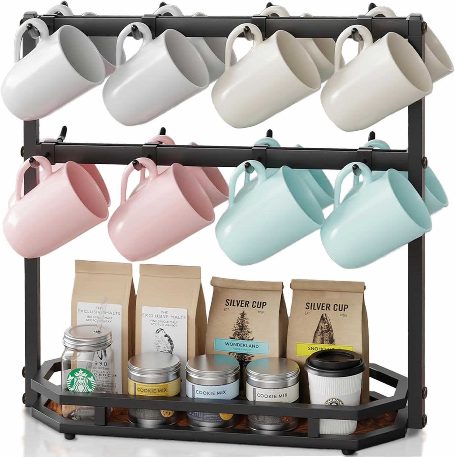 Coffee Mug Holder with Movable Hooks,16 Capacity Coffee Cup Holder for Countertop, Metal Mug Tree Holder Rack with Storage