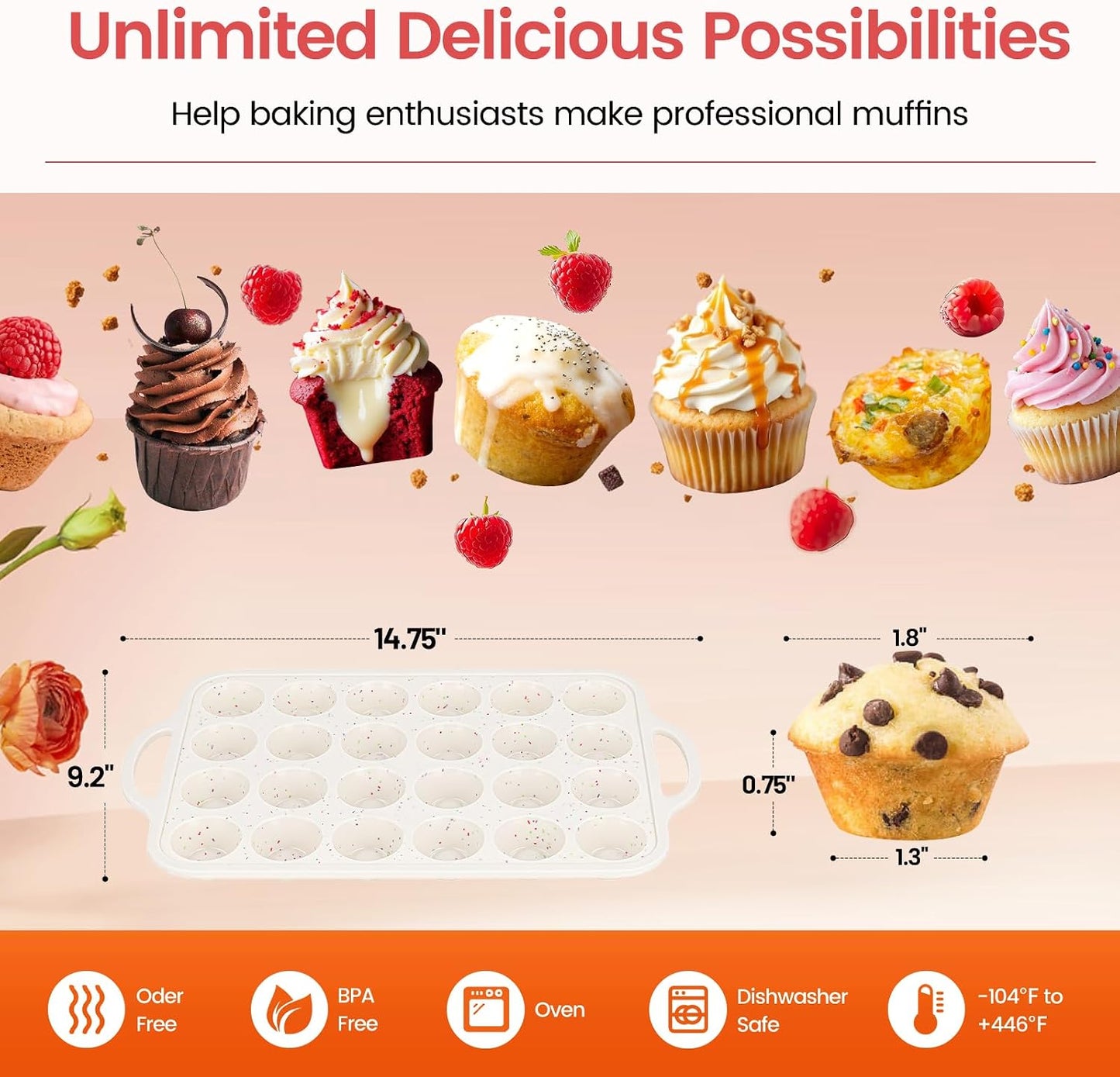 Silicone Mini Muffin Pan With Metal Reinforced Frame - 24 Cups Durable Silicone Cupcake Pan for Muffin, Cupcakes, BPA Free and Dishwasher Safe - 1 Piece Beige with Rainbow Spots