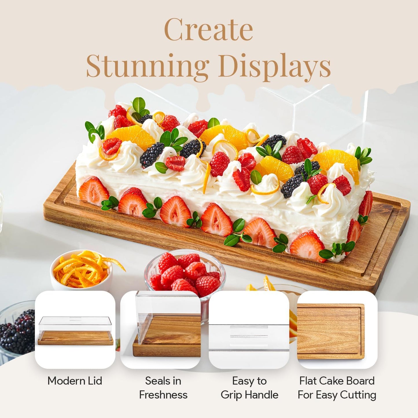 HOMESPHERE Cake Display with Lid, Rectangle Cake Stand, Cookie Display | Acacia Wood Cake Stand with Lid, Pastry Display with Dome for Loaf Cakes, Bread, Wood Tray Platter &amp; Acrylic Cover, 15x6.25”