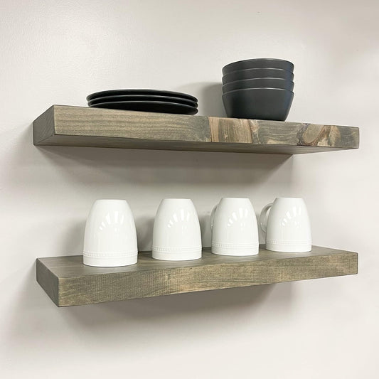PJ DECOR URBANDI, Rustic Floating Shelves, Set of 2, Hidden Bracket, Solid Wood, Heavy Duty, Wall Mounted Shelves, (Grey,