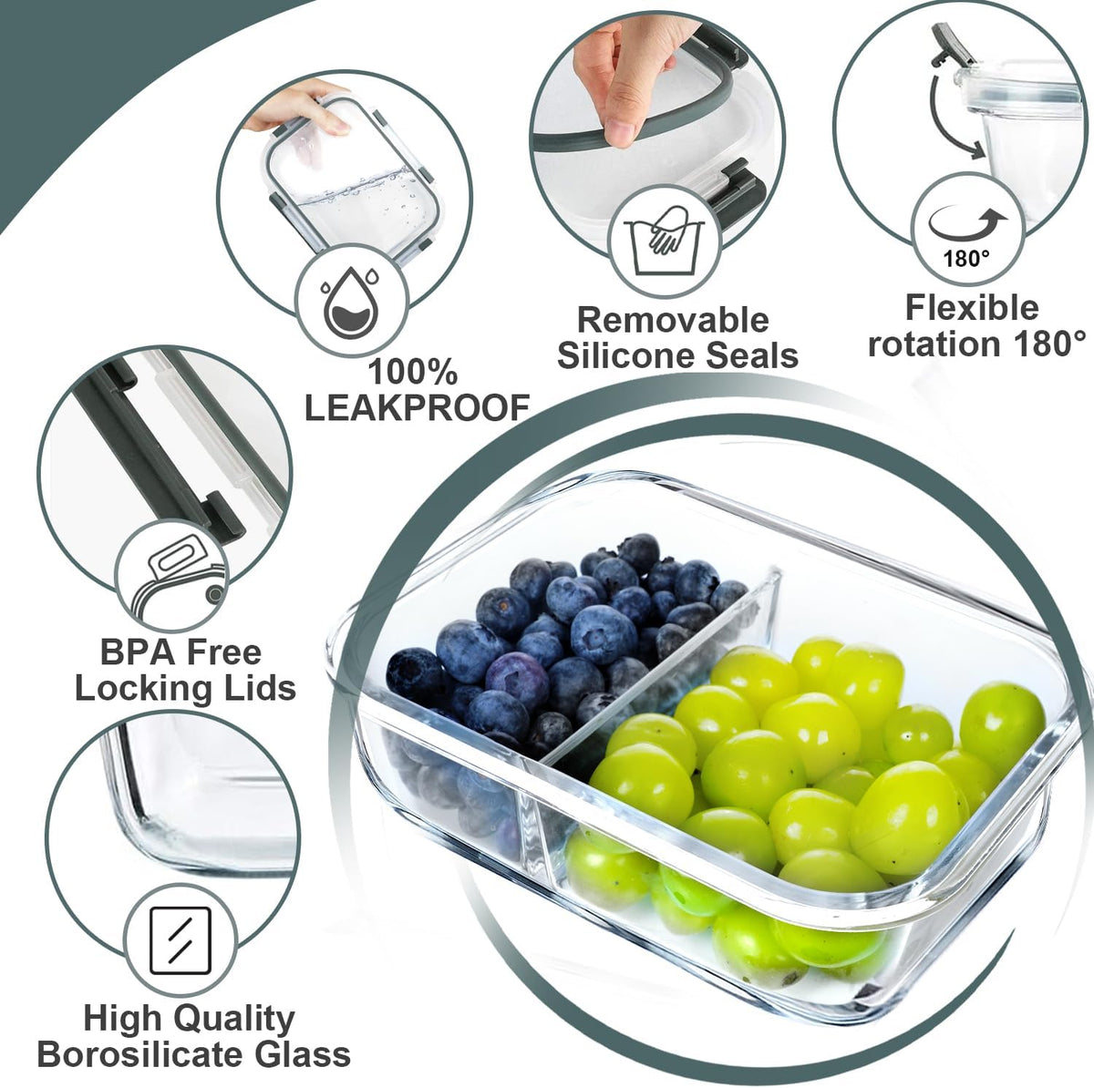 VERONES 10 Pack Glass Meal Prep Containers 2 Compartment Set, 30 OZ Airtight Glass Lunch Containers, Food Storage Containers with Lids, for Microwave, Oven, Freezer & Dishwasher Friendly，White