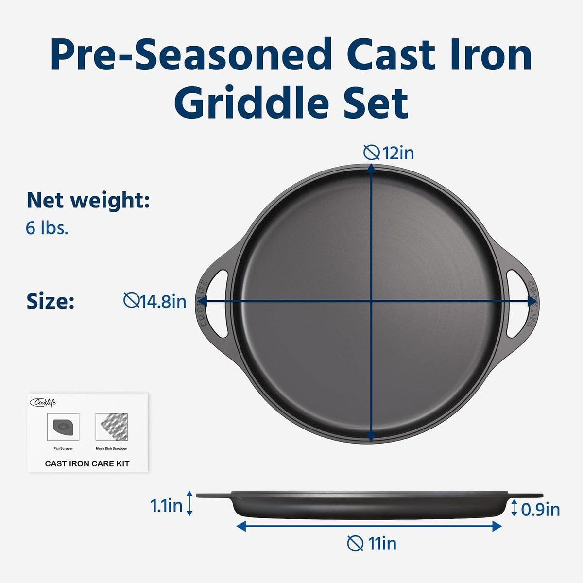 COOKLIFE 12 Inch Lightweight Pre-Seasoned Cast Iron Griddle - Smooth Polished Surface, Easy to Clean Cast Iron skillets Use in the Oven, on the Stove or Grill, Over a Campfire