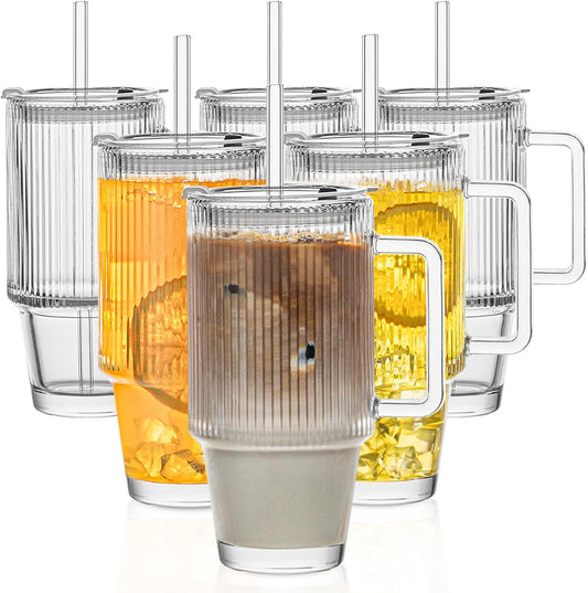 KEMORELA 6-Pack 24oz Glass Cups with Lids and Straws, Ribbed Textured Tumblers with Handle, Reusable Clear Drinking Glasses