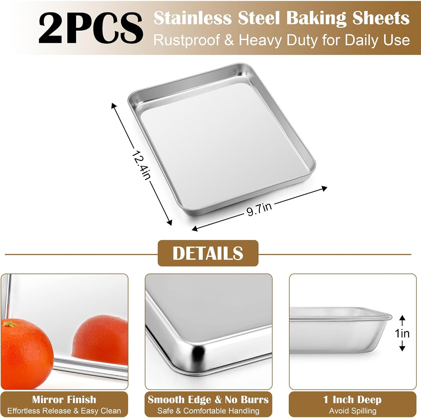 E-far Baking Sheet with Wire Rack (2 Pans + 2 Racks), Stainless Steel Cookie Sheets Pan &amp; Cooling Rack for Baking Cookies Cake, Non Toxic &amp; Heavy Duty, Oven &amp; Dishwasher Safe, 12.4 x 9.7 x 1 Inch