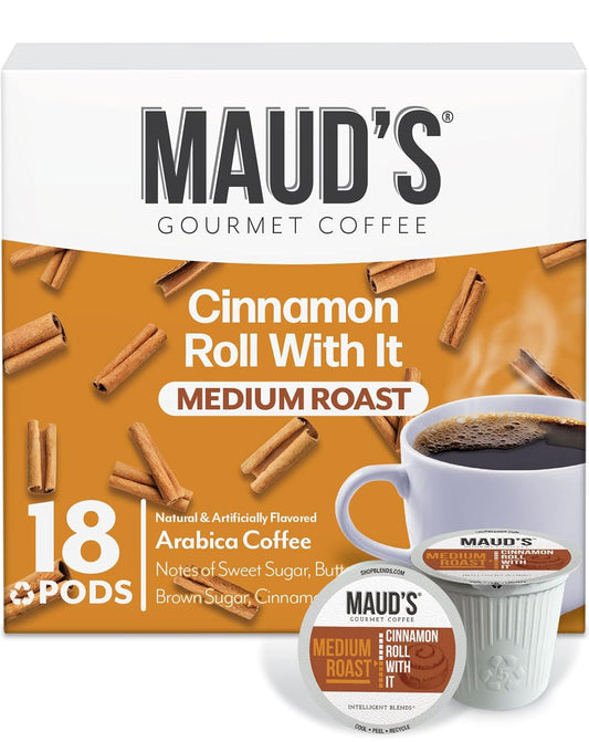Maud's Cinnamon Roll Flavored Coffee Pods, 18 ct, Medium Roast Flavored Coffee in Recyclable Single Serve Pods – 100%