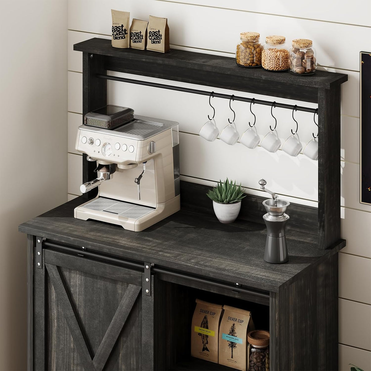 4ever2buy Farmhouse Coffee Bar Cabinet with Sliding Barn Door, 31.5", Dark Oak
