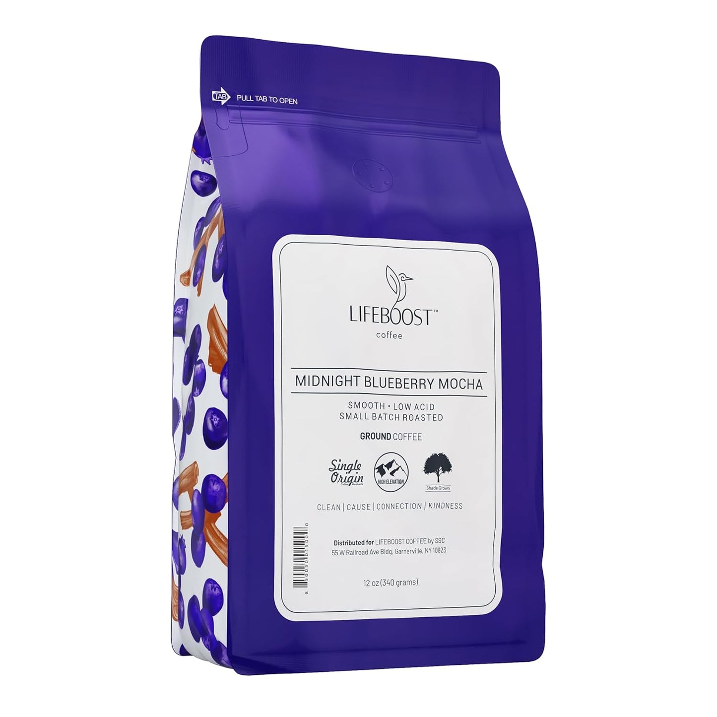 Lifeboost Midnight Blueberry Mocha Ground Coffee - Low Acid Single Origin Coffee - Non-GMO Wild Blueberry Coffee Grounds Third Party Tested For Mycotoxins &amp; Pesticides - 12 Ounces