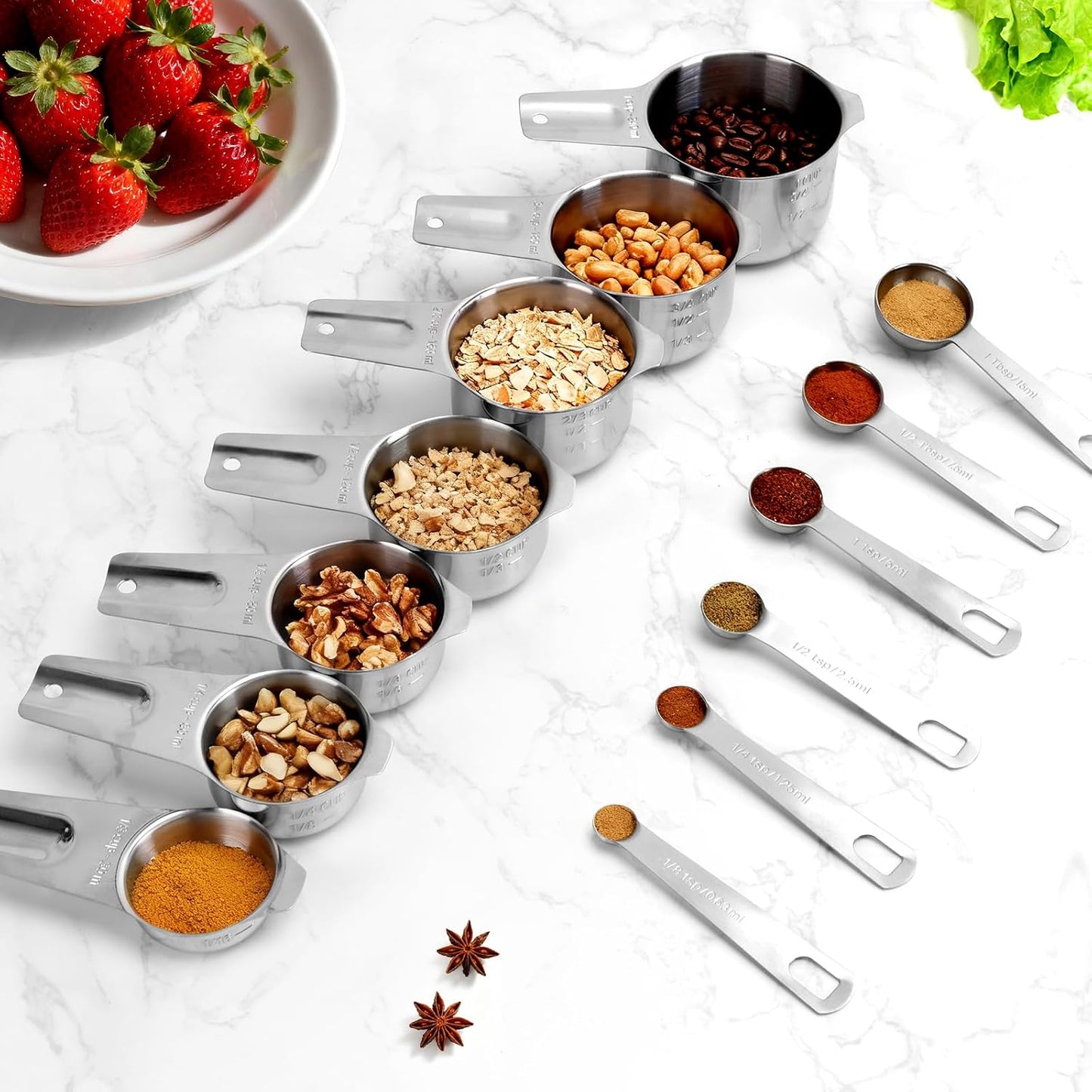 7x Stainless Steel Measuring Cups with 6x Measure Spoons Set,4x Py&amp;Res Plastic liquid Measurings Cups for Liquids,Kitchen Gadgets for Cooking &amp; Baking Utensils Christmas Gift (17Pcs)