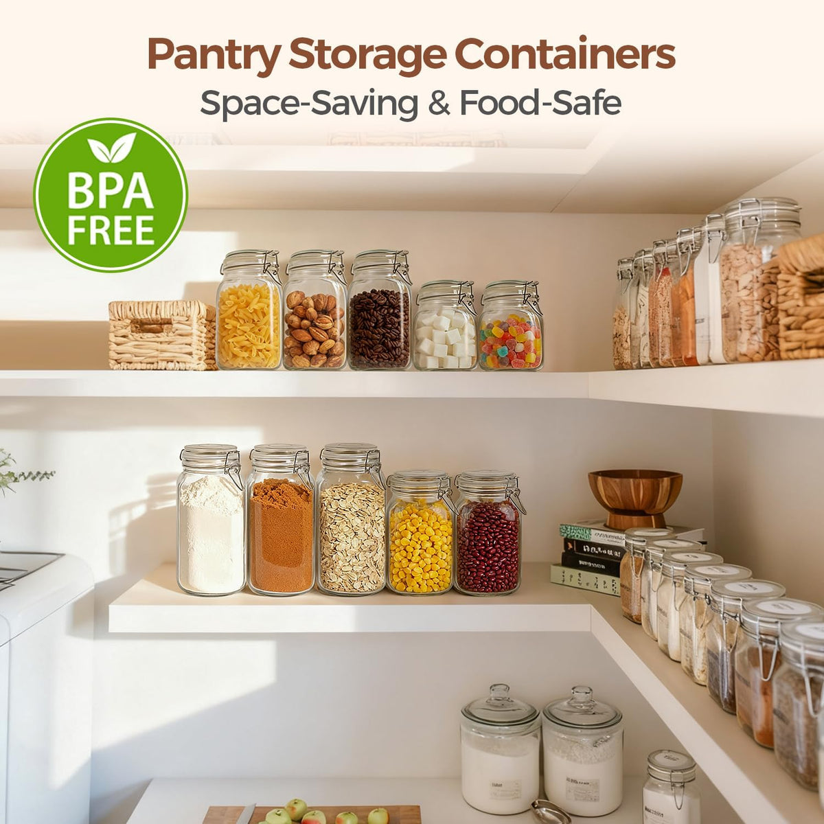 ComSaf Airtight Glass Jars with Lids 78oz Set of 3, Food Storage Canister Square - Storage Container with Clear Preserving Seal Wire Clip Fastening for Kitchen Canning Flour, Cereal, Pasta, Beans