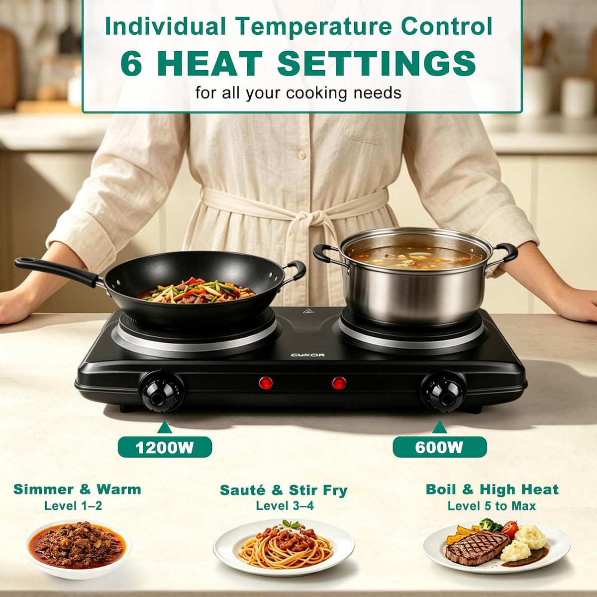 CUKOR Electric Hot Plate, Double Cast Iron 2 Burner, 1800W Countertop Burner, Dual Electric Stove Burners, Portabel Electric Cooktop, Portabel Double Burner for Cooking