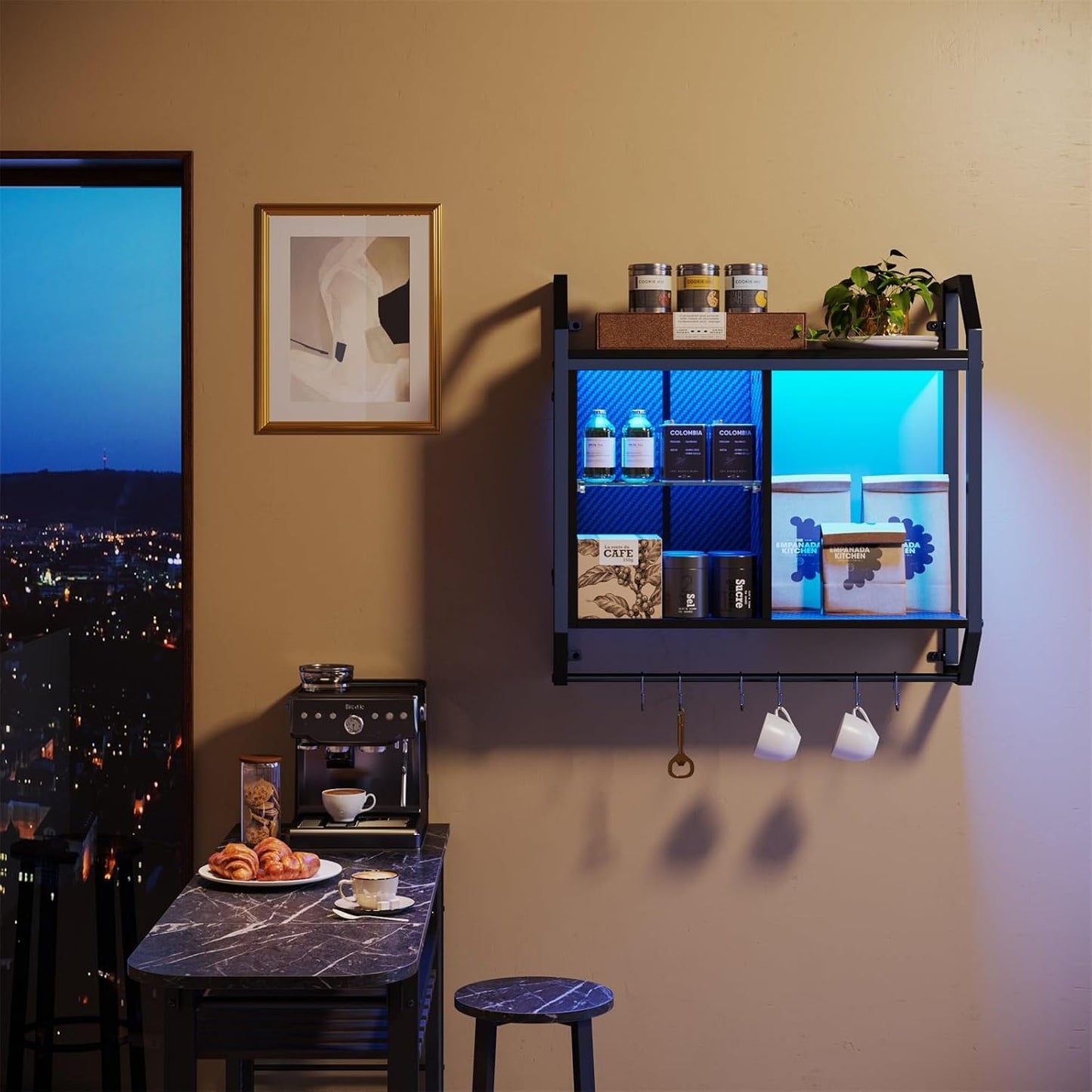 Bestier 25" LED Gaming Floating Shelves for Wall, Wall Mounted Shelf Pipe Adjustable Glass Shelves, Hanging Display Rack with 6 S-Hooks Towel Bar, Gaming Room Decor Shelf, Carbon Fiber Black
