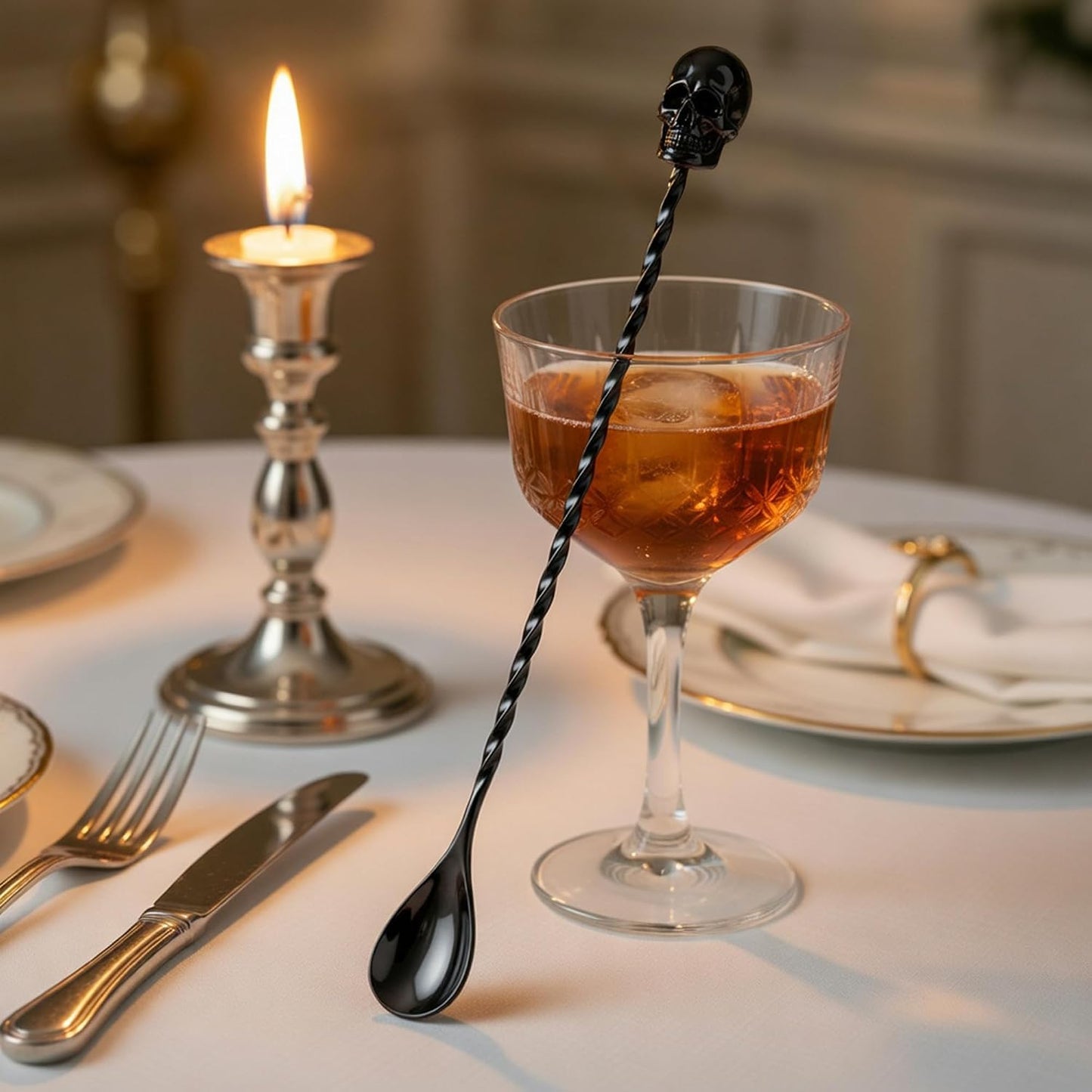 Homestia 12'' Gothic Skull Bar Spoon, Cocktail Mixing Spoon for Bartending | 304 Stainless Steel Cocktail Spoon for Stirring, Long Spiral Handle Spoon Stirrers for Drink, Halloween Party, Home Bar Use