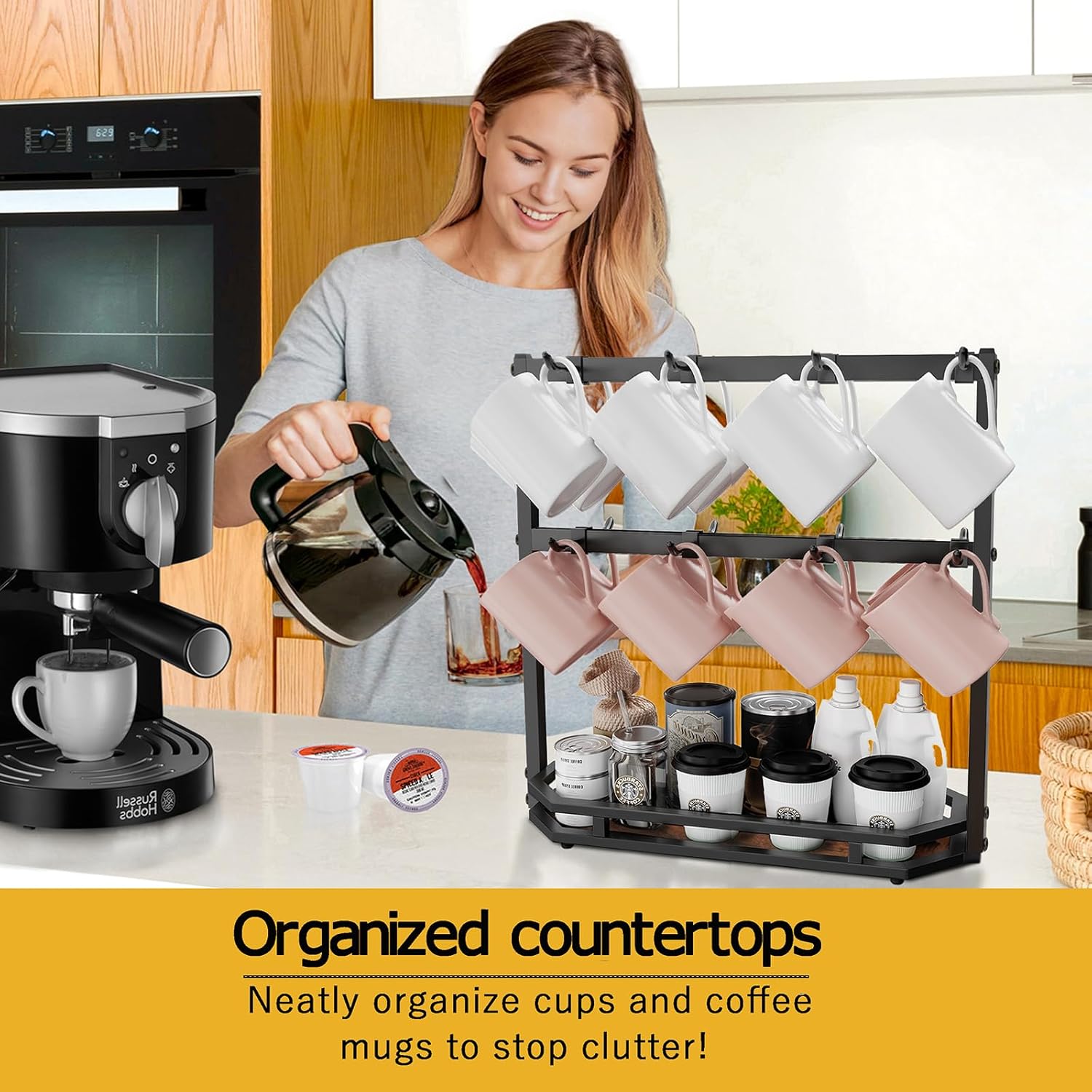 Coffee Mug Holder with Movable Hooks,16 Capacity Coffee Cup Holder for Countertop, Metal Mug Tree Holder Rack with Storage