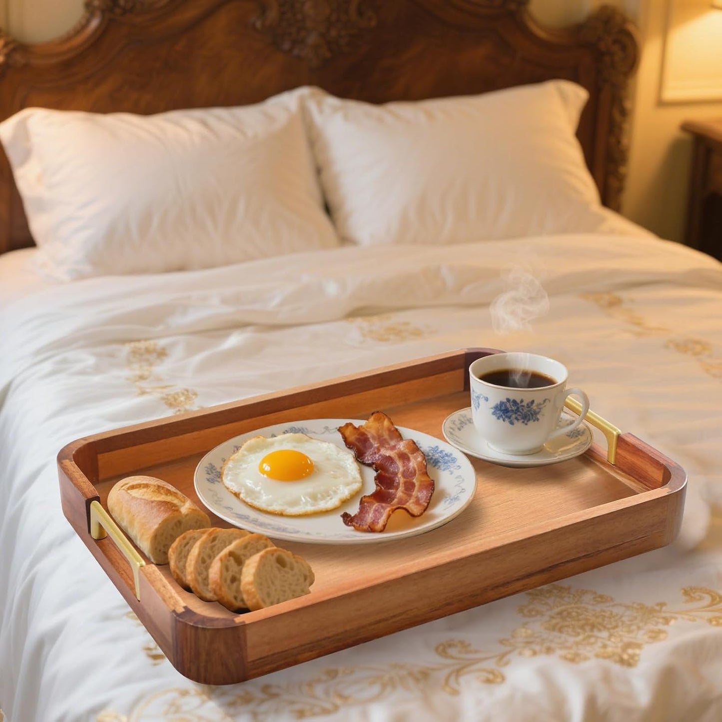 Acacia Wood Serving Tray with Metal Handles, 17x12in Food Drinks Tray for Coffee Table, Breakfast, Dinner &amp; Bar, Rustic Decorative Storage Tray for Ottoman, Kitchen, Parties