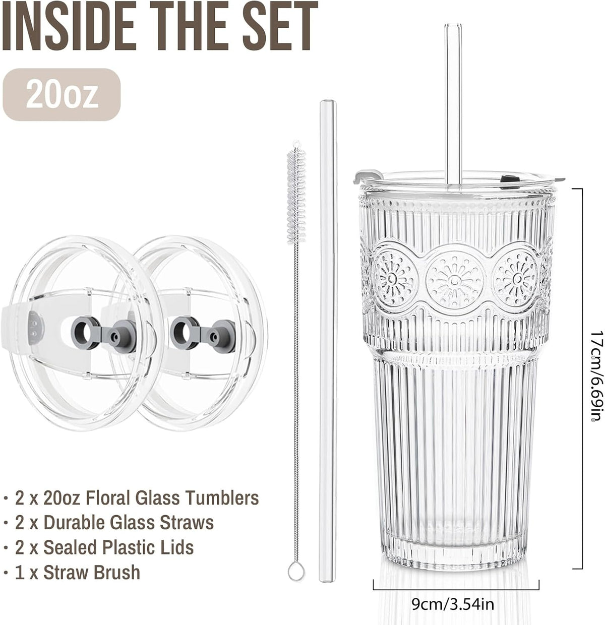 SoulTimes 20oz Ribbed &amp; Floral Glass Tumbler with Lid and Straw – Iced Coffee Glasses Cups for Smoothie, Matcha, Juice, Water etc. Leakproof and Reusable Glassware Drinking for Travel To Go [2Pcs]