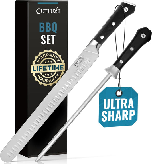 Cutluxe BBQ Knife Carving Set – 12" Brisket Knife & 10" Honing Rod, Butcher Knife Set for Meat Cutting – Ultra Sharp German