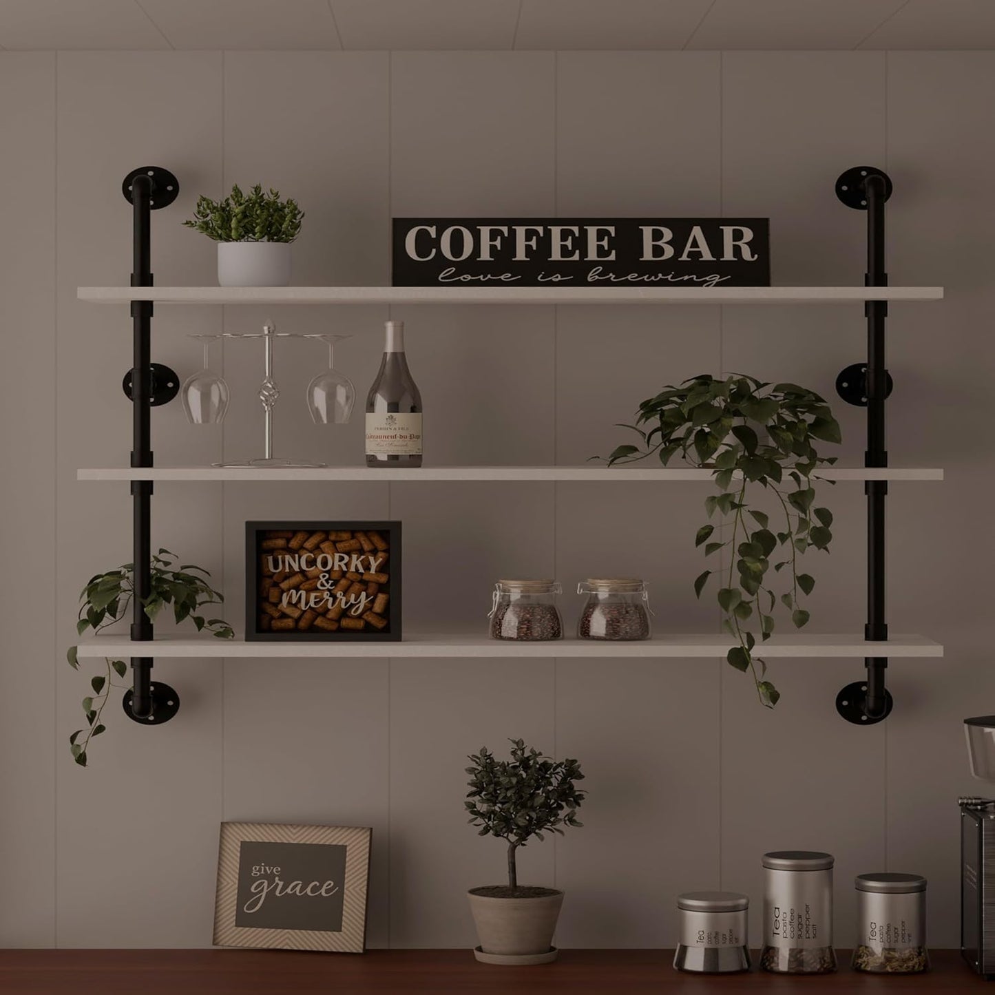 Industrial Pipe Shelving Rustic White Pipe Wall Shelves Industrial Shelves with Wood Planks Floating