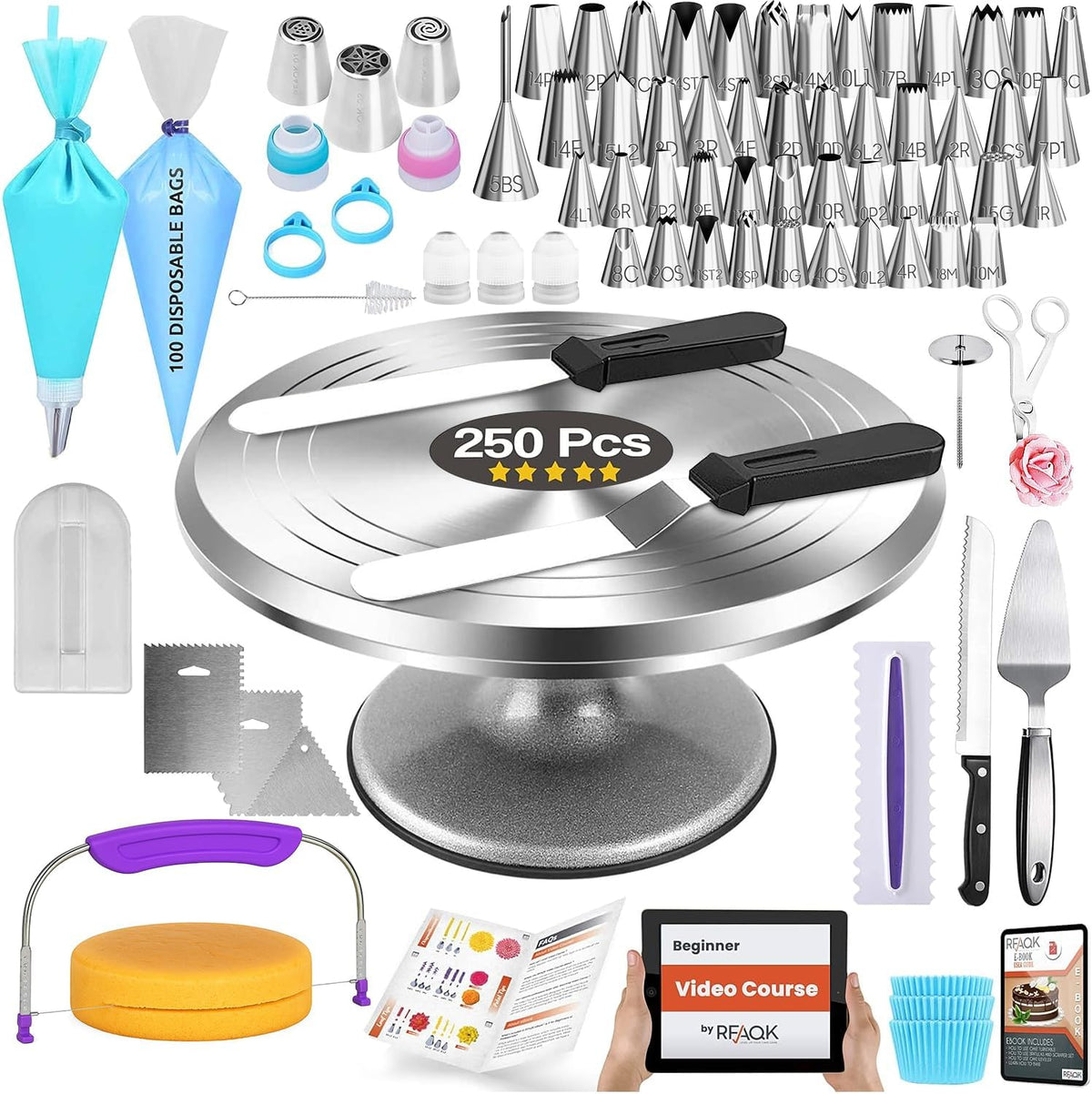 RFAQK 250 PCs Aluminum Cake Decorating Tools Kit with 12" Metal Turntable & Knife set-48 Numbered Icing Tips-3 Russian Piping