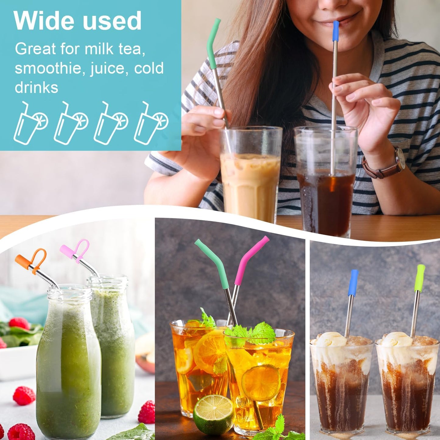 Reusable Stainless Steel Straws Set 6 PCS with 6 Silicone Tips, 2 Straw Brush, 1 Storage Case, Different Sizes of Metal Straws Reusable, Suitable for 14, 20, 30 oz Cups Tumbler，for Hot/Cold Drinks