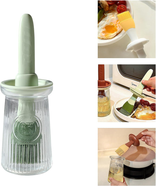 Oil Dispenser with Brush - Glass Olive Oil Dispenser for Kitchen, 3 IN 1 Oil Dispenser Bottle with Silicone Basting Brush for Cooking Vinegar Sauce BBQ Grill Frying (Green)