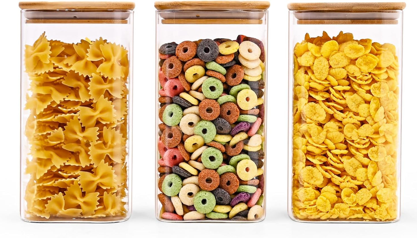 Glass Food Storage Jars Square 44oz, 3 Pack Glass Jars With Bamboo Lids, Kitchen Storage Containers 