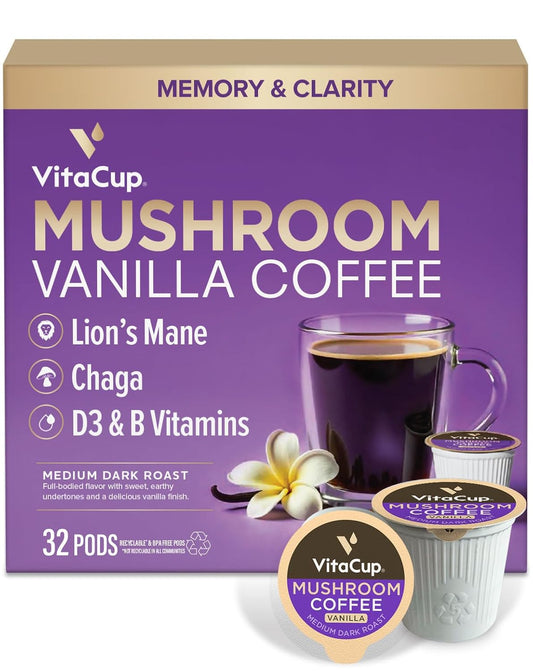 VitaCup Vanilla Flavored Mushroom Coffee Pods with Lions Mane, 32ct | Medium Dark Roast, Dark Roast, Chaga