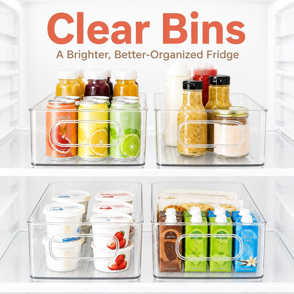 LotFancy Refrigerator Organizer Bins, 4 Pack,10x6x3 in, BPA Free Clear Plastic Storage Bins for Pantry Organization, Stackable Containers with Handles for Fridge, Kitchen Drawer, Freezer, Cabinet